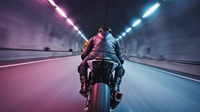 Two riders speeding on motorcycle down city highway at night