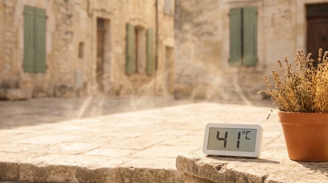 A sun-bleached stone square in France shimmers under a relentless heat dome, with a digital thermometer, closed green shutters, dry potted herbs, and wavering air above pale paving stones.