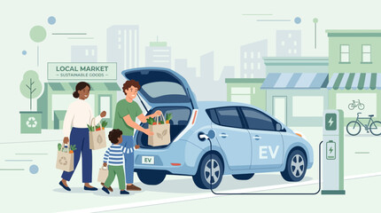 Naklejka premium Family unloading groceries from electric car charging station in sustainable city.
