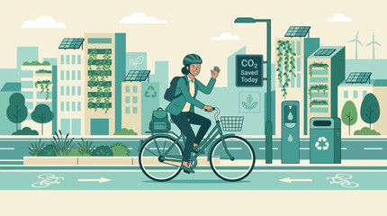 Fototapeta premium Woman cycling in eco-friendly city with green buildings and solar panels.