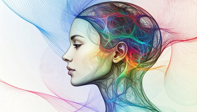 Vibrant abstract illustration of a woman's profile, where colorful, flowing lines depict the intricate neural network and boundless creativity within the human mind and conscious thought