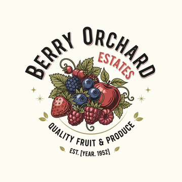 Vintage Berry Orchard Estates logo with assorted fruits.