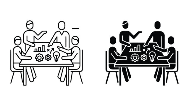 Collaborative team brainstorming session icon set with brainstorming, business