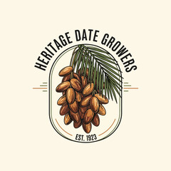 Obraz premium Vintage heritage date growers emblem featuring dates and palm leaves.
