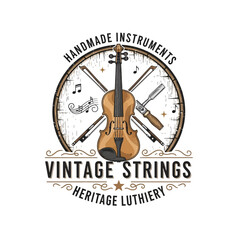 Vintage heritage luthiery badge with violin and woodworking tools. © Aroma