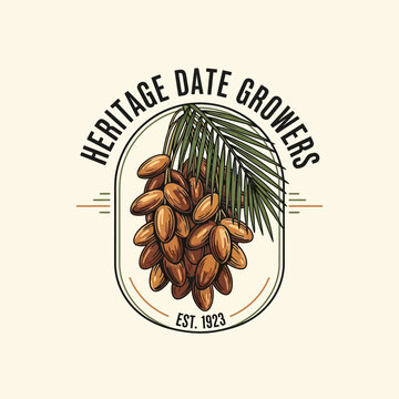 Vintage heritage date growers emblem featuring dates and palm leaves.