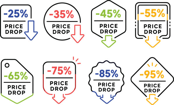Price drop tags with discount percentages and down arrow icons.