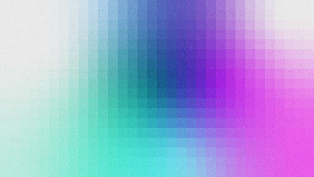 Textured grainy noise abstract background with vertical translucent grid layers, smooth horizontal color gradient shifting from pale mint teal, cool blue, deep violet to vivid magenta purple. 