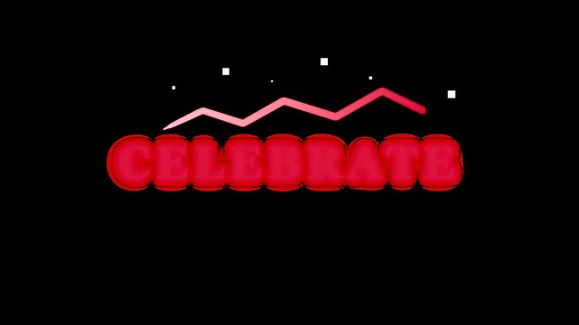 The word CELEBRATE in a vibrant red font against a black background, with a stylized graphic above representing excitement and success. A few small white dots add a festive touch