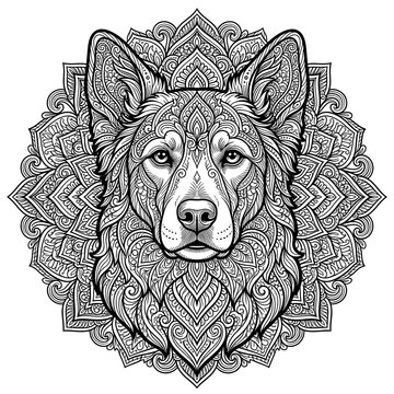 Intricate Wolf Mandala Line Art Illustration &mdash; Ornamental Tattoo Style Portrait for Coloring and Decor
