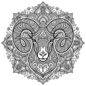 Aries Ram Mandala Zodiac Line Art &mdash; Intricate Ornamental Ram Head Illustration for Tattoo and Coloring