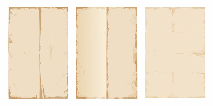 three vertical sheets of old folded beige paper on white background document vintage parchment texture grunge illustration vector graphic design retro