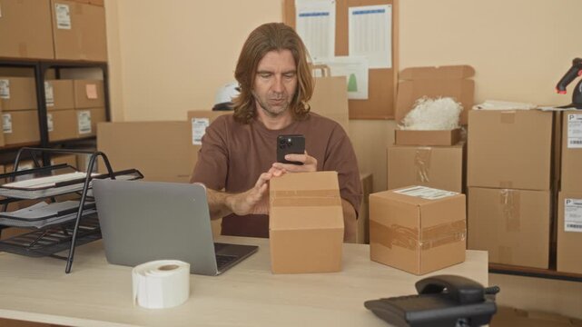Man holding smartphone and reaching for package on table in building packing room; concentration productivity efficiency.