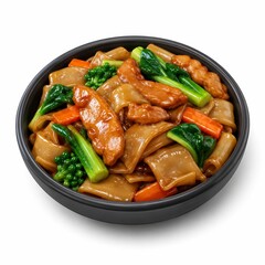 Fototapeta premium Thai street food icon in bowl with glossy noodles vegetable and meat, savory Asian takeout dish for lunch