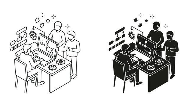 People working on computer software development isometric line and solid icons