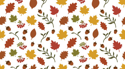 Seamless autumn leaves vector pattern with acorns and berries in warm fall colors © azad