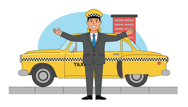 Friendly professional taxi driver in a grey suit and yellow cap standing with open arms in front of his yellow cab.