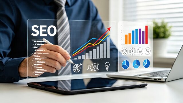 Businessman analyzing SEO data on futuristic holographic interface, digital marketing strategy with growth charts and icons for web optimization, content planning
