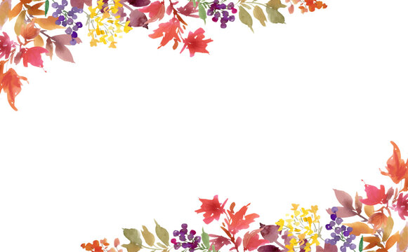 Watercolor Autumn Leaves and Berries Background for Banner, Greeting Card, Header and Web Design. Vector file.