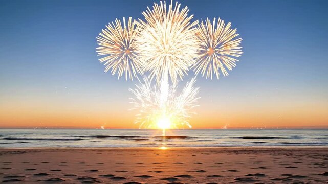 A serene beach scene at sunset with vibrant fireworks exploding above