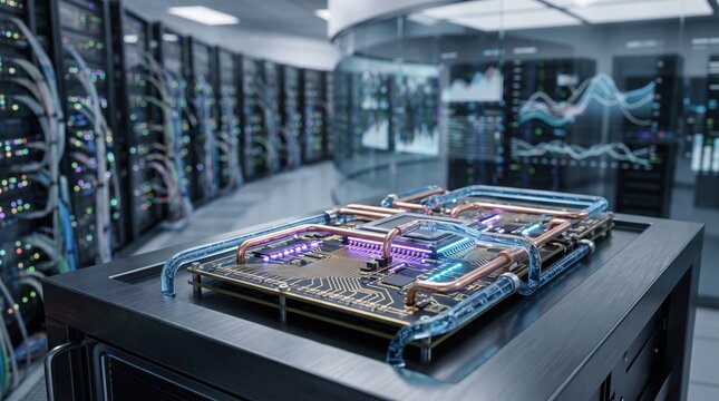 High performance server hardware with advanced cooling system in data center, liquid cooling pipes on motherboard, cloud computing infrastructure