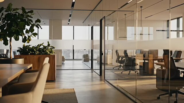 Modern office interior with glass walls showing organized workspace and decor in detail during daytime.