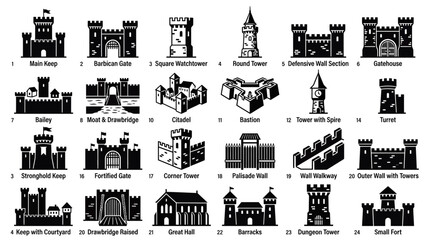 Medieval Castle Elements Icons Collection: Keep, Gatehouse, Tower, Wall © Angsa