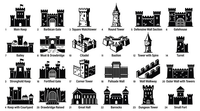 Medieval Castle Elements Icons Collection: Keep, Gatehouse, Tower, Wall