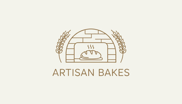 Minimalist bakery logo for artisan bakes featuring a brick oven with a loaf of bread and decorative wheat stalks.