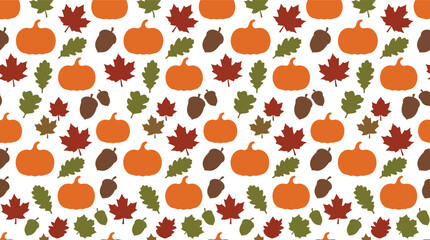 Seamless autumn vector pattern with pumpkins, leaves, acorns for seasonal backgrounds © azad