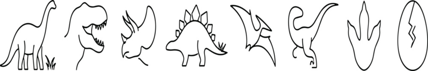 Minimalist Dinosaur Line Art Icon Collection Featuring Tyrannosaurus Brachiosaurus Triceratops Stegosaurus Pterodactyl Footprint Egg and Prehistoric Outline Symbols © MstSuborna