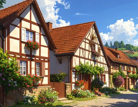 Charming illustration of traditional European houses with timber-frame architecture, red-tiled roofs, and colorful flower boxes