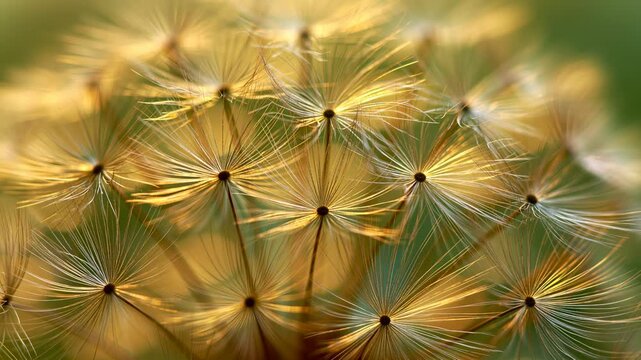 A close up image of numerous dandelion seed parachutes, rendered in a warm palette of golden yellow and soft green.