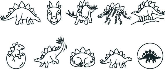 Stegosaurus Dinosaur Line Art Collection Featuring Prehistoric Reptile Skeleton Hatchling Footprint Sleeping and Walking Outline Illustrations for Educational Vector Design © MstSuborna