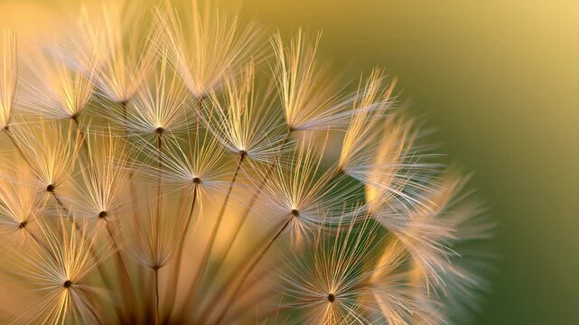 A close up image of numerous dandelion seed parachutes, rendered in a warm palette of golden yellow and soft green.