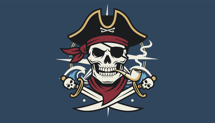 Fototapeta premium Menacing pirate skull wearing a tricorn hat and eyepatch is accompanied by crossed swords and a smoking pipe.