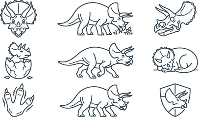 Triceratops Dinosaur Line Art Collection Featuring Skull Hatchling Footprint Sleeping and Walking Prehistoric Outline Illustrations for Educational Vector Design © MstSuborna
