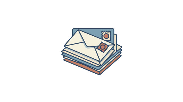 A stack of colorful envelopes with stamps arranged in an isometric illustration style.