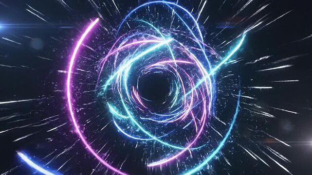 Glowing neon motion rings and arcs swirl and dance in a bright space with energy and light