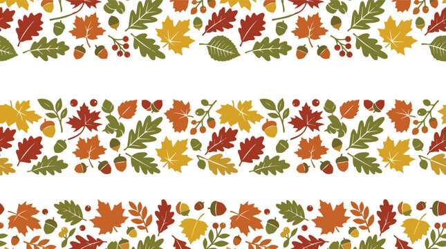 Seamless autumn leaves border vector pattern with colorful foliage and acorns