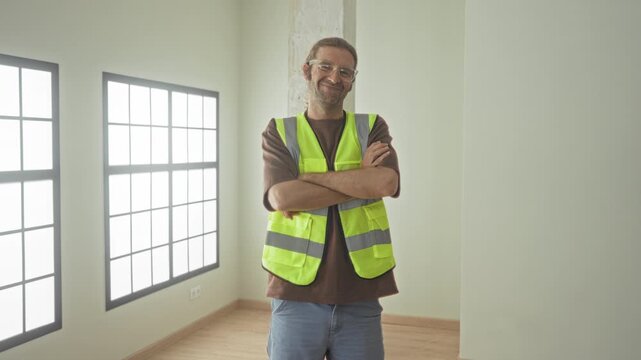 Man wearing reflective vest with arms crossed in an empty building interior under renovation by large windows; confidence.