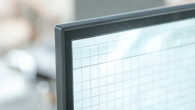 Macro Close Up of Computer Monitor Screen Showing Excel Spreadsheet Data Grid with Blurred Office Background