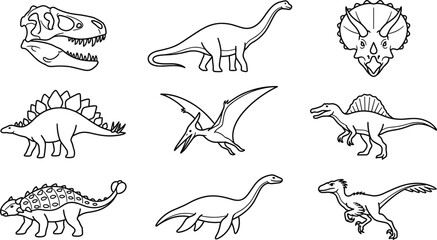 Prehistoric Dinosaur Line Art Collection Featuring Tyrannosaurus Skull Brachiosaurus Triceratops Stegosaurus Spinosaurus Ankylosaurus Pterodactyl and Plesiosaur Outline Illustrations © MstSuborna