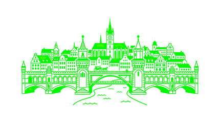 Obraz premium Green Line Art Cityscape with Bridge and River, Historic European Architecture