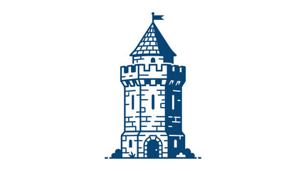 Medieval Castle Tower Icon, Blue Outline Illustration on White Background © Angsa