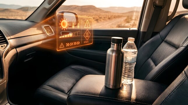 Extreme heat warning holographic display inside car with water bottles illustrating summer vehicle safety hazards