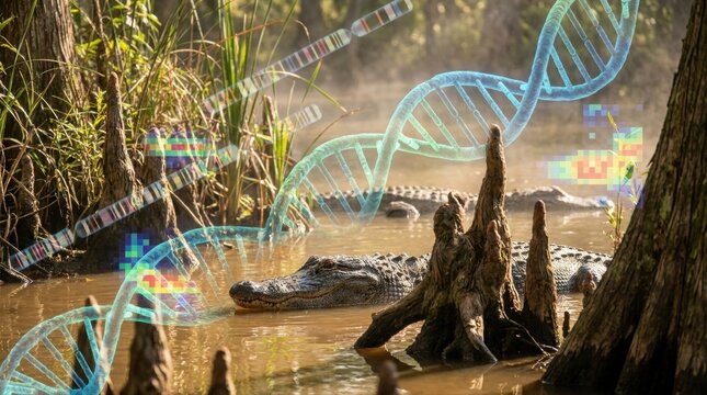 American alligators resting in a sunlit freshwater marsh with cypress knees, reeds, and muddy water, overlaid with DNA helix strands, chromosome bands, and recombination heatmap fragments. Natural