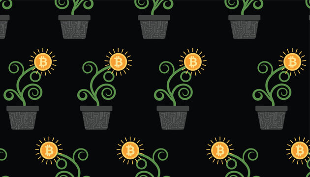 Pattern of golden bitcoin symbols as sunflowers growing in pots on a black background for cryptocurrency investment and digital wealth.
