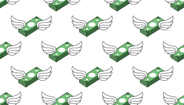 Repeating pattern of stacks of green money bills with white wings flying away on a white background for financial concepts.