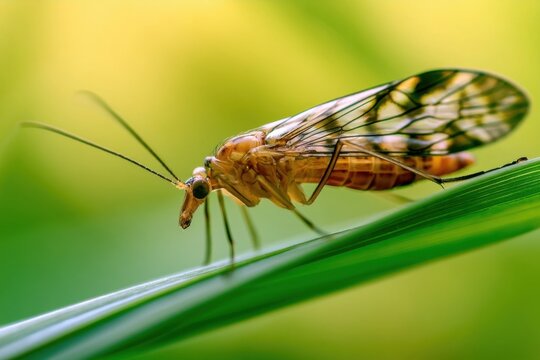 A light brown scorpionfly with wings perched on a green leaf against a soft yellow